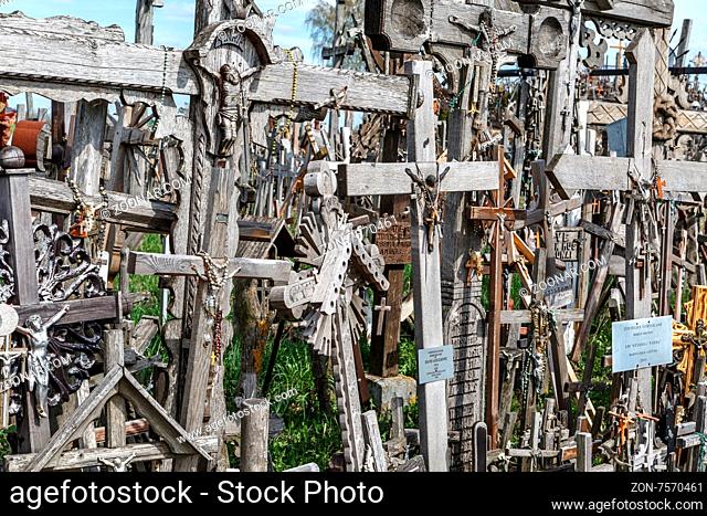 SIAULIAI, LITHUANIA - MAY 1, 2015 : View of hill of crosses with over four hundred thousand crosses and crucifix, which is thought tradition of putting a cross...