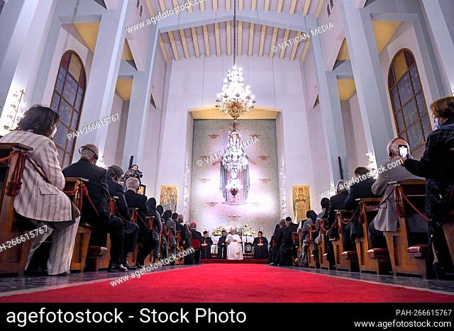 Pope Francis and Lebanon's Christian Maronite Patriarch Beshara al-Rai during the pontiff's meeting at the Lady of Grace cathedral in Nicosia's walled Old City...