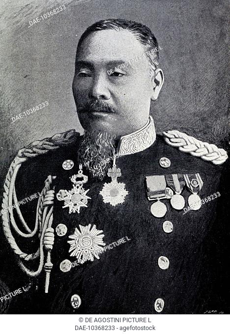 Portrait of Yasukata Oku (Kokura, 1847-Tokyo, 1930), commanding general of the Imperial Japanese Army. Engraving from Monde Illustre'