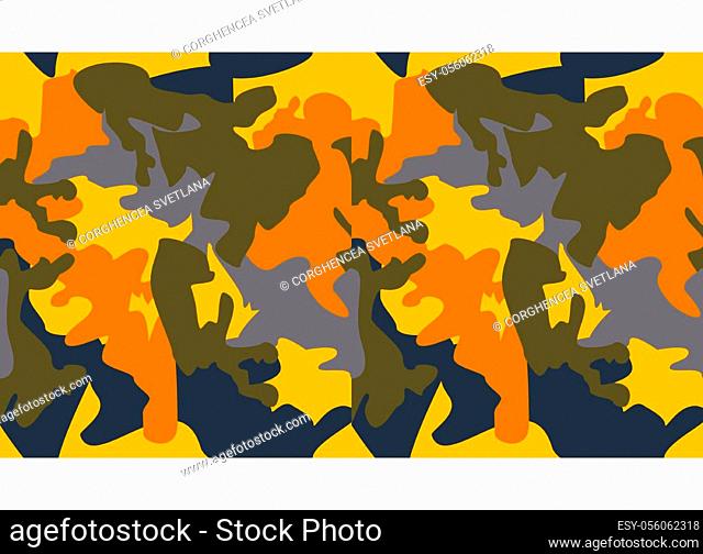 Seamless camouflage pattern background vector. Fashion clothing style masking camo repeat print. Yellow olive blue colors texture design for virtual background