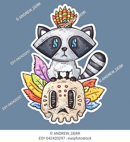 Cartoon raccoon sits on the skull. Illustration for web and print