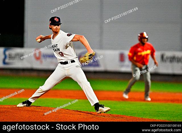 Chris Messer (GBR) in action during the European Baseball Championship final, Spain vs Britain, at the YD Baseball Arena Brno, Czech Republic, on October 1