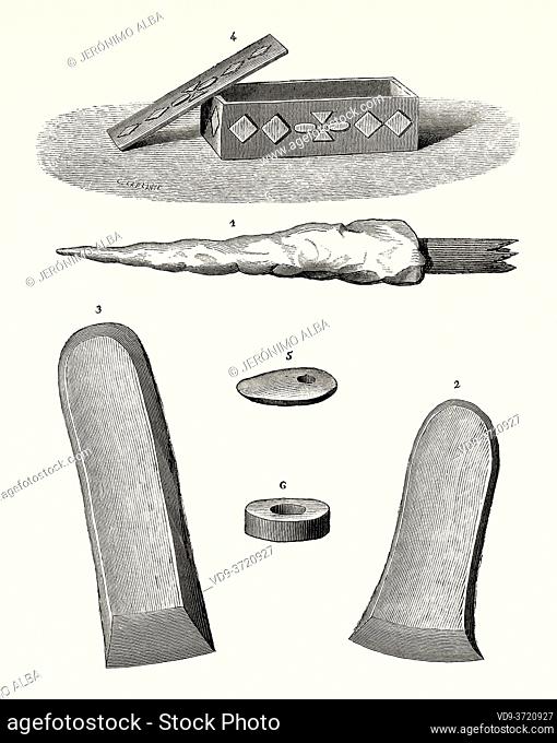 Stone objects from the tombs of the state of Cauca, Colombia. Old 19th century engraved illustration. Travel to New Granada by Charles Saffray from El Mundo en...