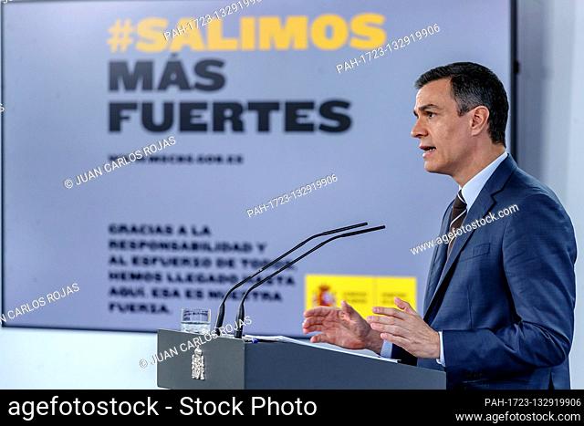 Madrid, Spain; 07/06/2020.- Pedro Sanchez, President of the Spanish Government, announces that on June 26, 255, 000 citizens of Spain would receive the Minimum...
