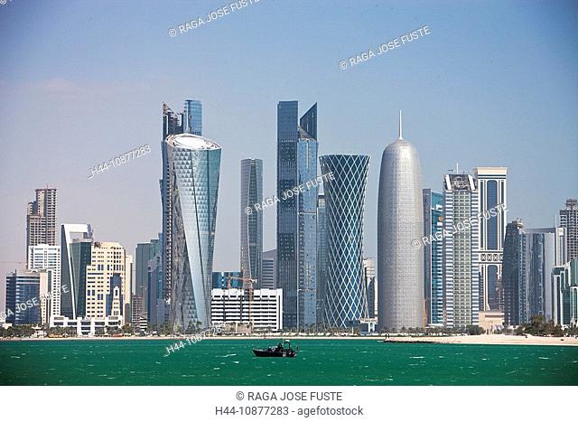 Qatar, architecture, block of flats, high-rise building, Doha, skyline, blocks of flats, high-rise buildings, buildings, constructions, Corniche, sea, water