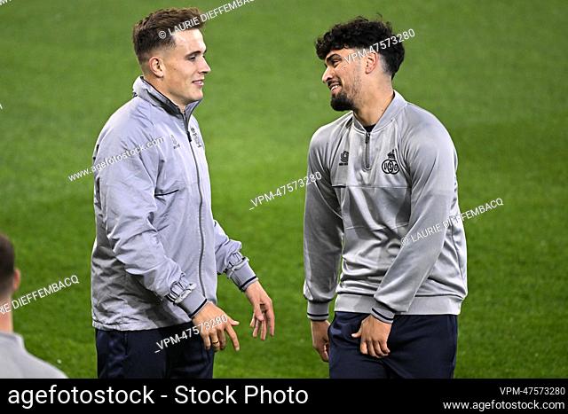 Union's Dennis Eckert and Union's Cameron Puertas Castro pictured during a training of Belgian soccer team Royale Union Saint-Gilloise