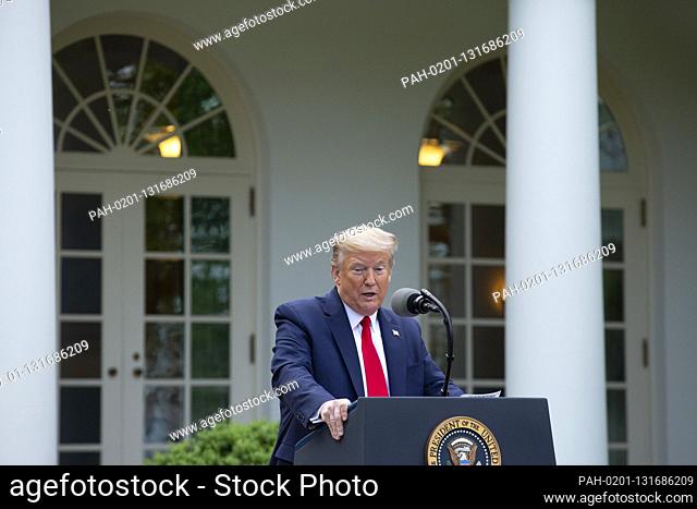 United States President Donald J. Trump delivers remarks during a news conference in the Rose Garden of the White House in Washington D.C., U.S