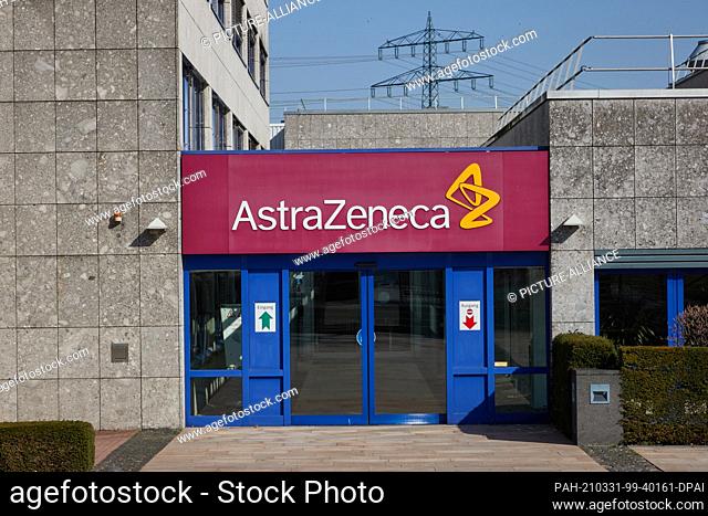31 March 2021, Schleswig-Holstein, Wedel: The entrance to the building of the international pharmaceutical company Astrazeneca in this town