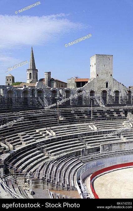 Roman arena amphitheatre with preserved medieval tower, Arles, Bouches-du-Rhone department, Provence Alpes Cote d'Azur region, Mediterranean Sea, France, Europe
