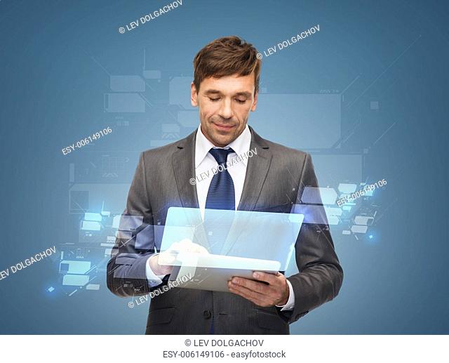 business, communication, future technology and office concept - buisnessman with tablet pc