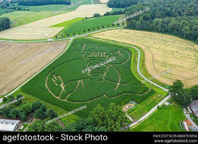 16 July 2021, North Rhine-Westphalia, Selm: Farmer Benedikt Lünemann milled a giant maze into his cornfield with a silhouette of a Corona vaccination operation...