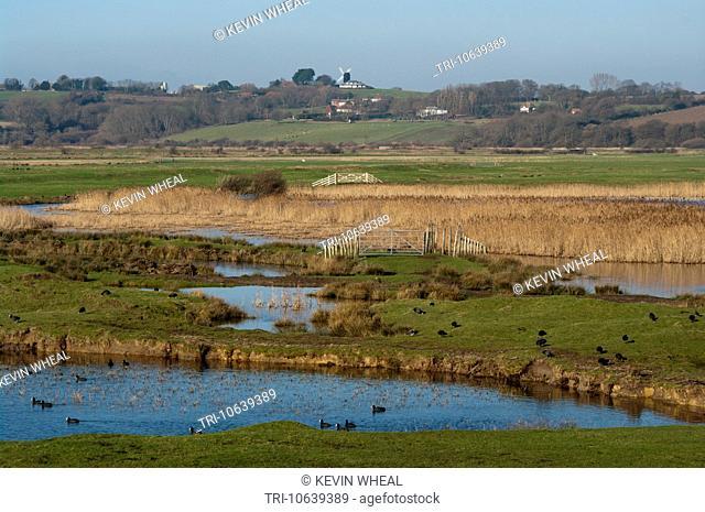 View Across The Marshland and Pett Pools At Pett Level Towards Icklesham Windmill East Sussex England