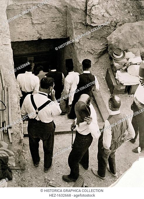 A party going down the steps to the tomb of Tutankhamun, Valley of the Kings, Egypt, 1923. The discovery of Tutankhamun's tomb in 1922 by British archaeologist...