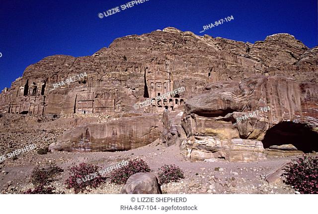 The Royal Tombs carved into the face of Jebel al-Khubtha in the ancient Nabataean city of Petra, UNESCOP World Heritage Site, Jordan, Middle East