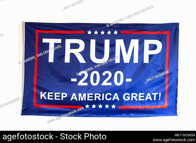 Trump flag for President 2020, keep America Great, presidential election, flag isolated on white background texture closeup