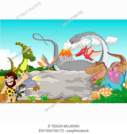Collection dinosaur with caveman waving