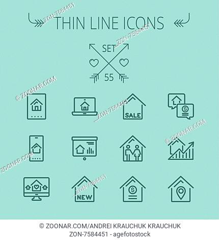 Real estate thin line icon set for web and mobile. Set includes- electronic keycard, business card, graphs, new house, couple, dollar, locator pin icons