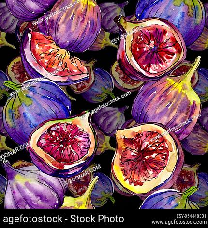 Exotic violet figs healthy food in a watercolor style pattern. Full name of the fruit: figs . Aquarelle wild fruit for background, texture