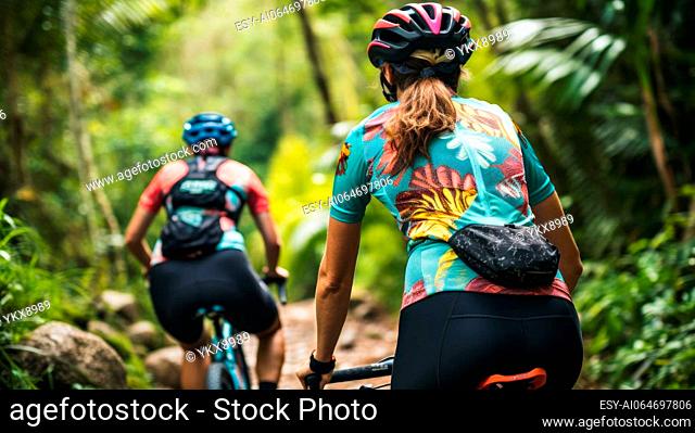 Couple riding bikes through a beautiful forest
