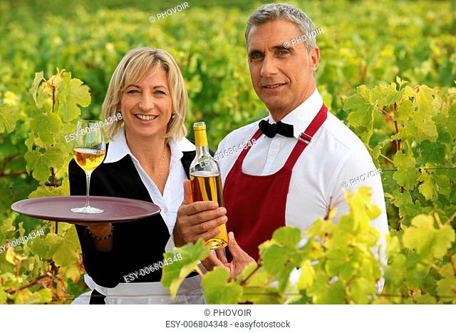 two wine waiters posing in vineyards