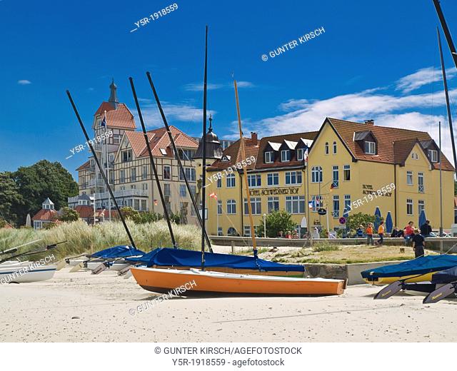View from the Beach to the Baltic-Square with the Schwerin Court Hotel and House Oceanview, baltic resort Kuehlungsborn, biggest seaside resort of Mecklenburg
