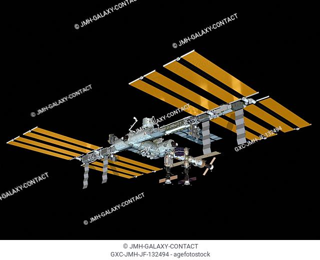 Computer-generated artist's rendering of the International Space Station as of Sept. 25, 2010. Soyuz 22 (TMA-18) undocks from the Poisk Mini-Research Module 2...