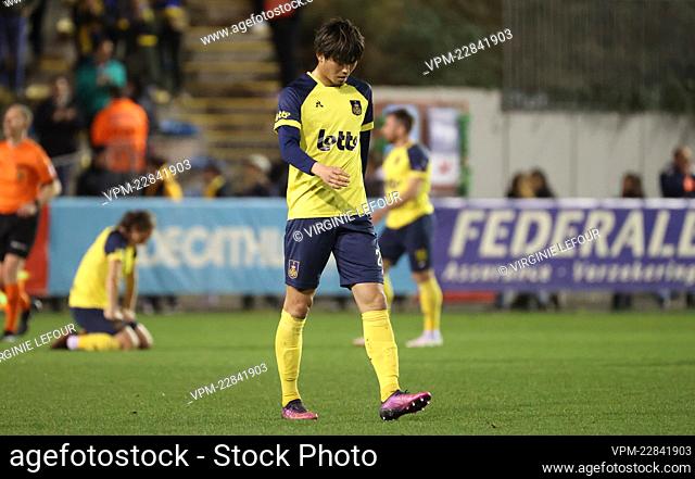 Union's Kokri Machida looks dejected after a soccer match between Royale Union Saint-Gilloise and KV Oostende, Friday 18 March 2022 in Brussels