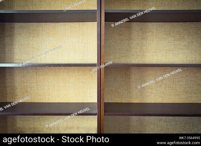 Wood shelf, grunge industrial interior for storage modern design. retro style background texture closet close to