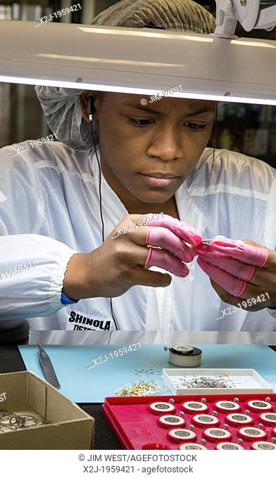 Detroit, Michigan - High quality wristwatches are hand assembled at Shinola, a startup company that also makes bicycles and leather goods