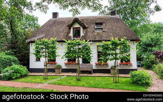 Cozy little white cottage with thatched roof in Giethoorn Netherlands