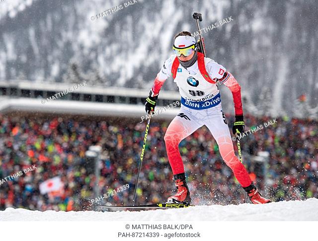 Polish biathlete Monika Hojnisz participates in the women's 7, 5 km sprint within the Biathlon World Cup at the Chiemgau Arena in Ruhpolding, Germany