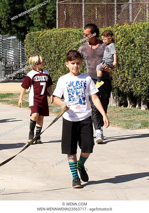 Gavin Rossdale enjoys an afternoon at the park with his three sons, Kingston, Zuma and Apollo, and their dog Featuring: Gavin Rossdale, Apollo Rossdale