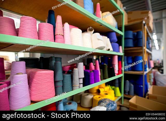 Sewing thread bobbins view in manufactoring plant