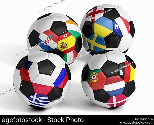 Four isolated soccer balls with flags of european countries
