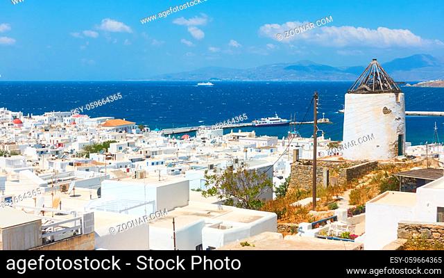Panoramic view of Mykonos town with The Old Port, Greece. Greek scenery