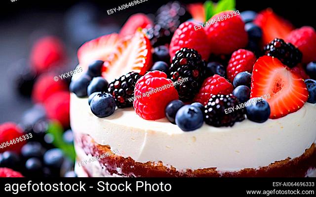 A close-up shot of a mouthwatering dessert topped with fresh berries