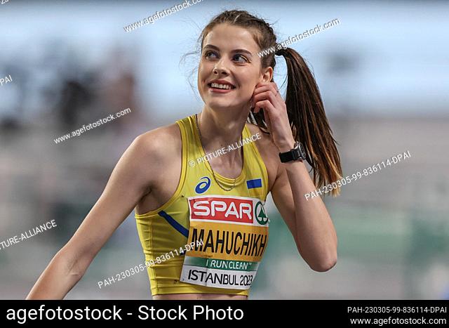 05 March 2023, Turkey, Istanbul: Athletics/Hall: European Championships, women's high jump final, gold medalist Yaroslava Mahuchikh from Ukraine cheers