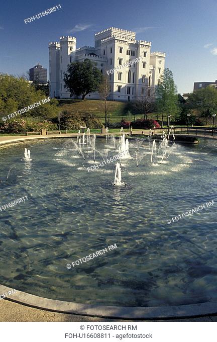 Baton Rouge, Louisiana, LA, Old State Capitol Building, a Gothic Revival Castle, with fountain in the foreground in the capital city of Baton Rouge