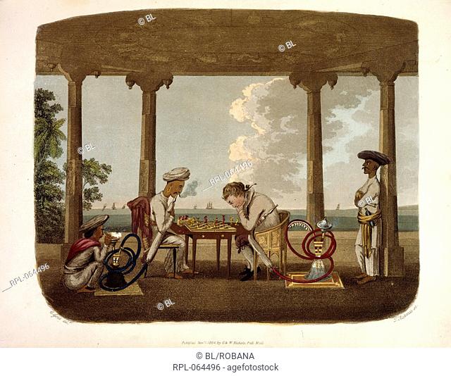 An Indian and a European playing chess and smoking from a hookah. Image taken from Oriental Drawings: sketched between the years 1791 and 1798