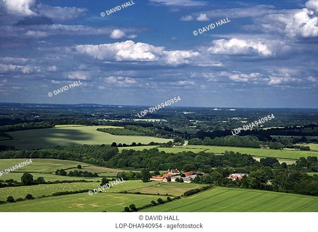 England, Hampshire, Near Burghclere, View from Beacon Hill over fields and farmland in Hampshire