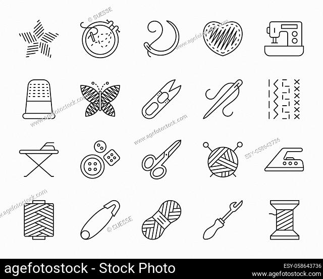 Needlework thin line icons set. Outline sign kit of embroidery. Handiwork linear icon collection includes scissors, ball, mouline
