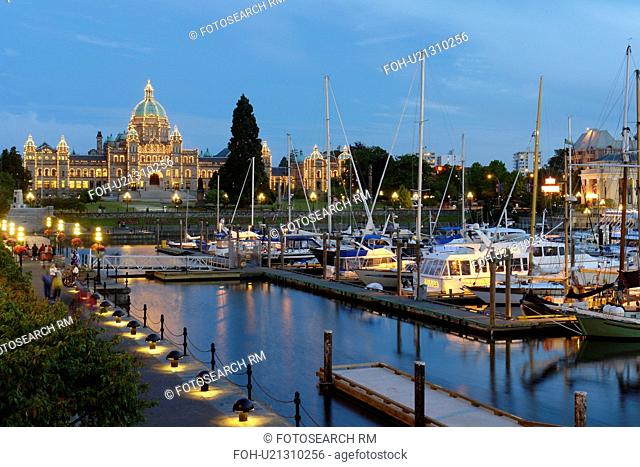 Victoria, British Columbia, Canada, Vancouver Island, Inner Harbour, Parliament Buildings, waterfront, marina, evening