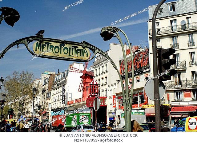 Metro Blanche Station. Place Blanche and Boulevard de Clichy, Pigalle. The Moulin Rouge can be seen as part of  this colourful area