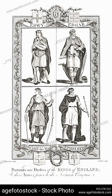 Four early English kings. Edwy, Edgar, Edward the Martyr, Ethelred II. Engraving from The New, Impartial and Complete History of England by Edward Barnard