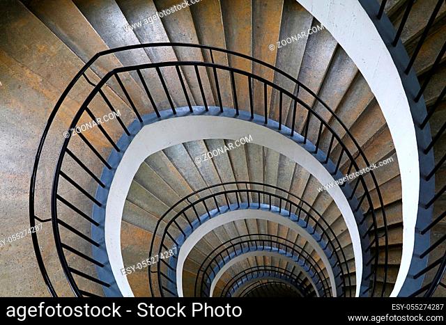 Spiral staircase with curve shape diminishing perspective, high angle view