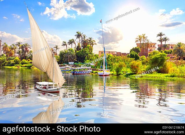 Sailboat in the Nile River, Luxor city, scenery of Egypt