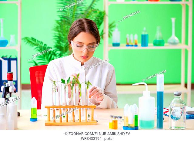Beautiful female biotechnology scientist chemist working in lab