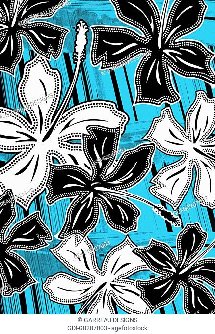 Black and white hibiscus illustration over blue background