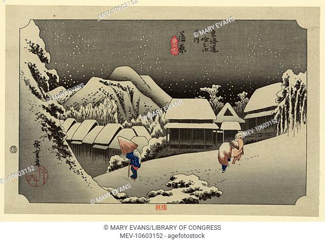 Kanbara 2nd edition. Print shows a snowy evening at the Kanbara station on the Tokaido Road. Date between 1833 and 1836, printed later