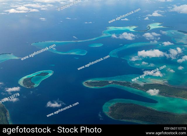 Aerial view photograph of small islands in the Solomon Islands